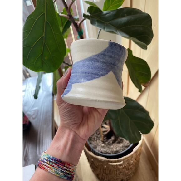 Signed pottery coffee mug blue and white EUC - Picture 3 of 7